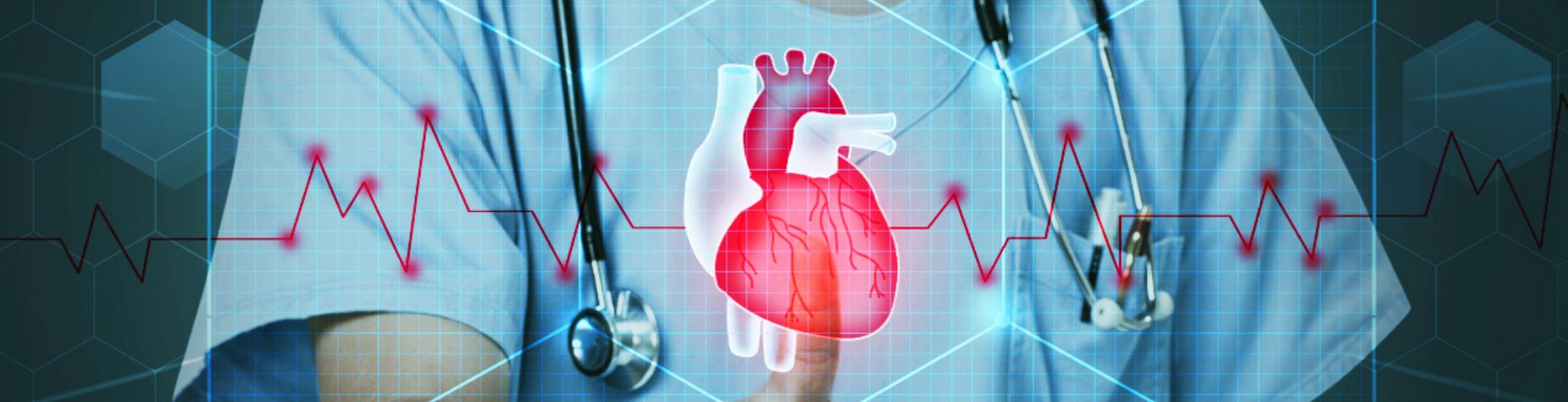 청진기를 멘 의료진의 상체에 심장과 심장박동 CG이미지가 합성되어있다